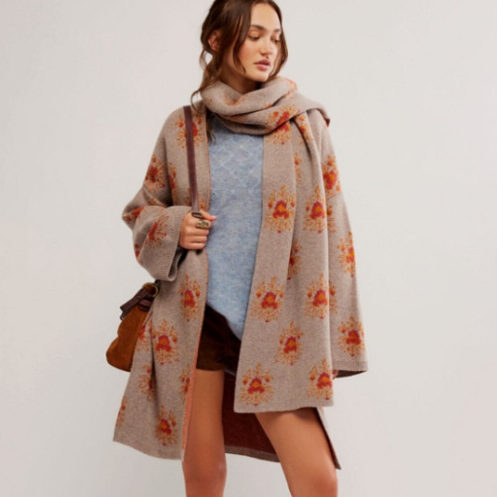 Free People Bali Ayla Beige Floral Knit Coatigan with Rust Accents